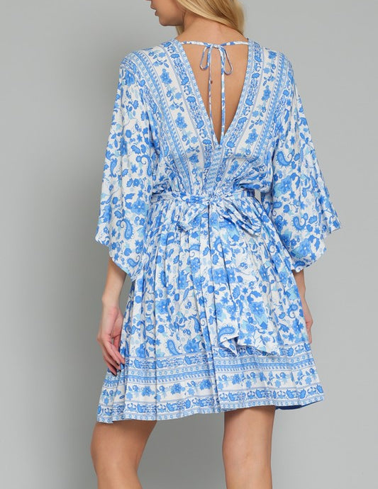 Finer Things Blue Floral Printed Bohemian Kimono Sleeve Mini Dress