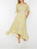 Citrus Flutter Floral Print High-Low Short Sleeve Dress