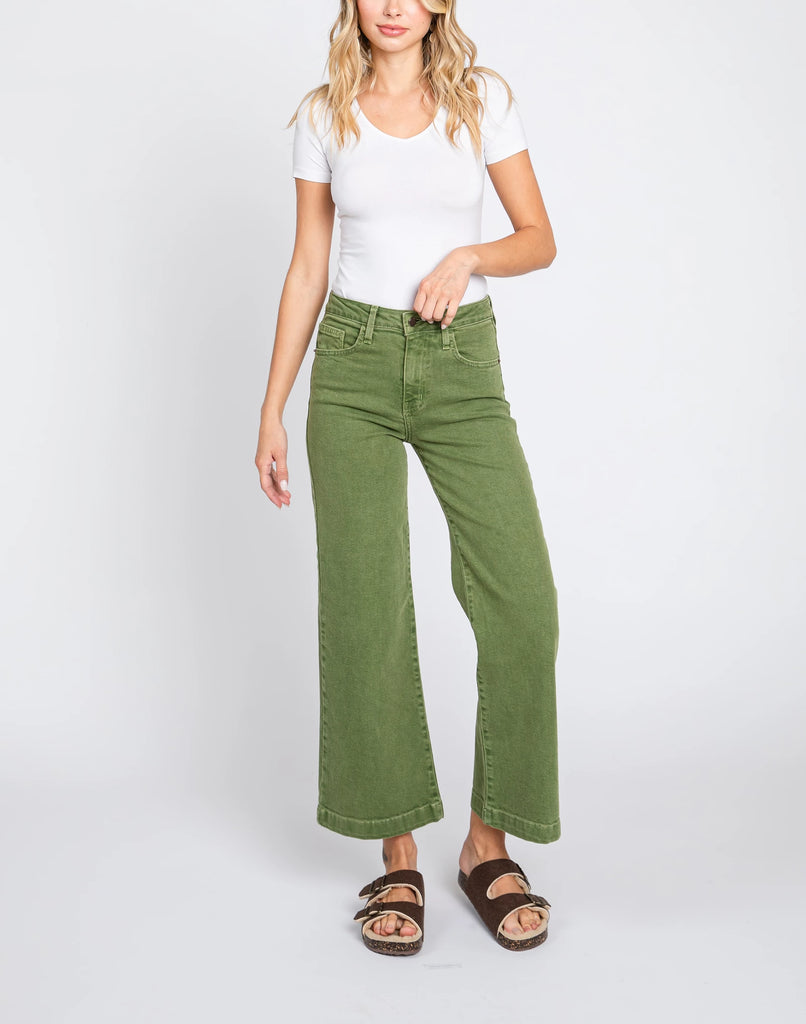 Kamila Wide Leg Med Rise Jeans in Kale Green