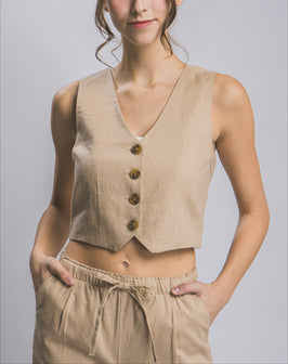 Lori Crop Linen Button Down Vest (Assorted Colors)