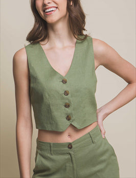 Lori Crop Linen Button Down Vest (Assorted Colors)