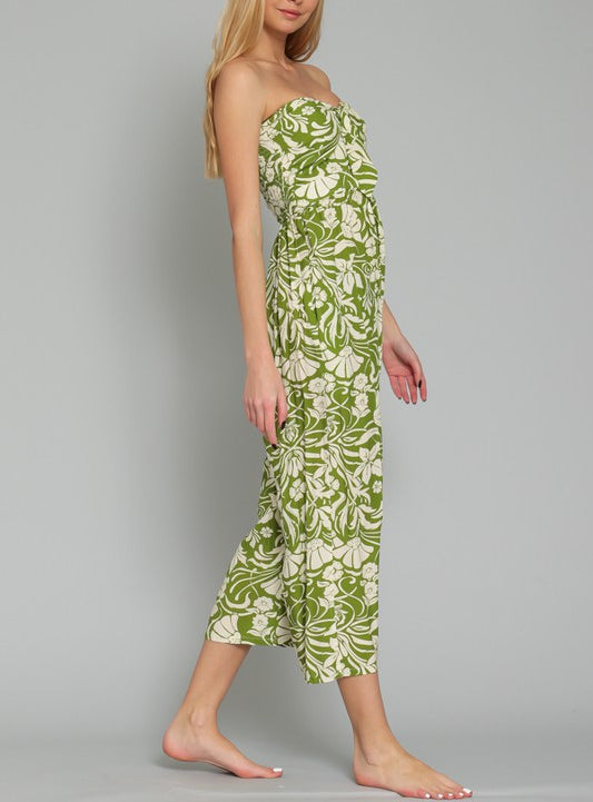 Lillie Strapless Wide Leg Tropical Printed Jumpsuit In Olive Green