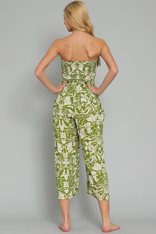 Lillie Strapless Wide Leg Tropical Printed Jumpsuit In Olive Green
