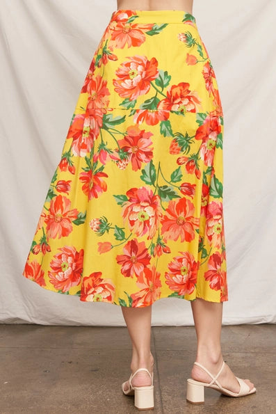 Golden Hibiscus A Line Button Front Skirt
