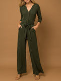 Roxanne 3/4 Sleeve Button Down Ribbed Jumpsuit with Wrap in Olive