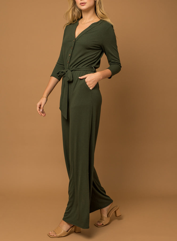 Roxanne 3/4 Sleeve Button Down Ribbed Jumpsuit with Wrap in Olive