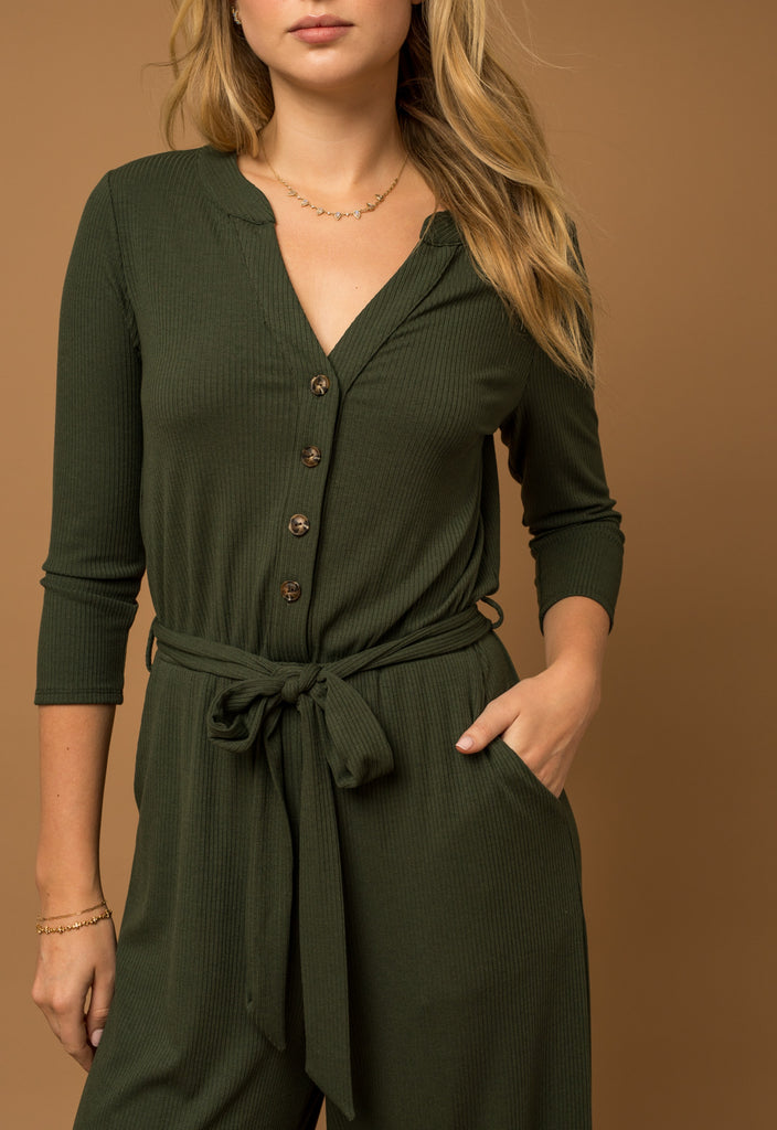 Roxanne 3/4 Sleeve Button Down Ribbed Jumpsuit with Wrap in Olive