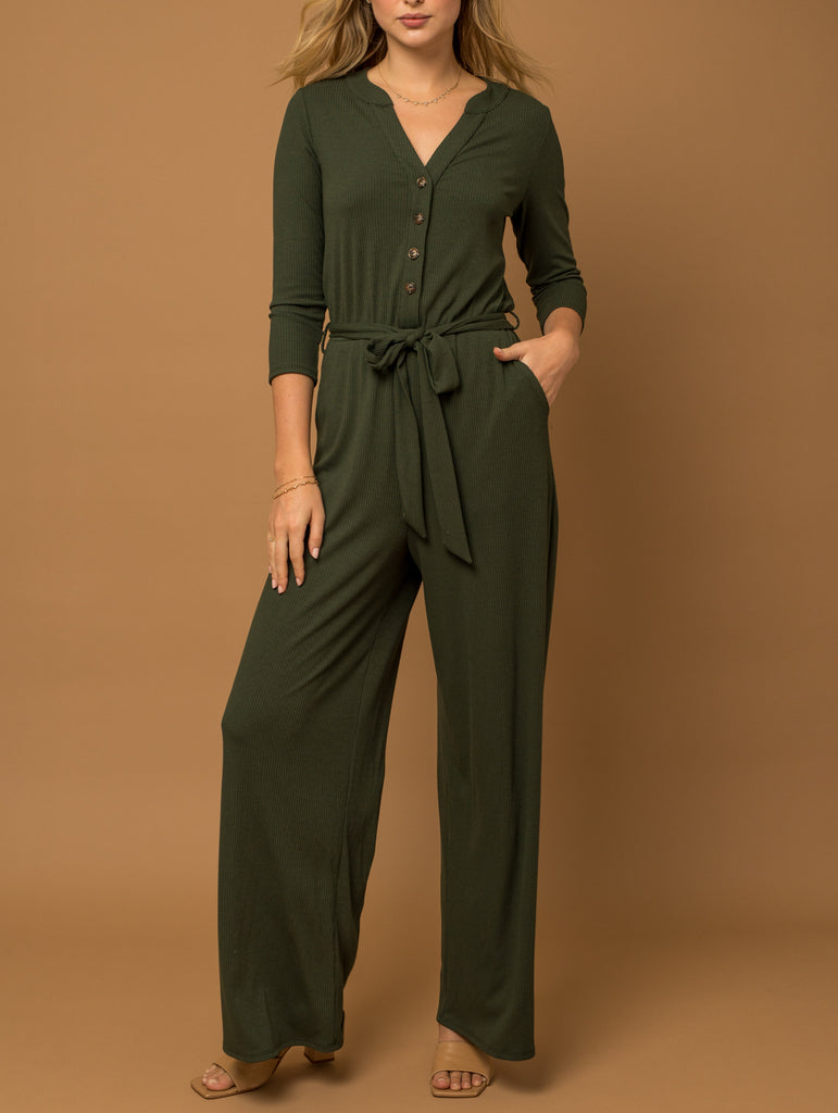 Roxanne 3/4 Sleeve Button Down Ribbed Jumpsuit with Wrap in Olive