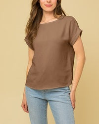 All I Need Roll Up Short Sleeve Textured Top In Olive