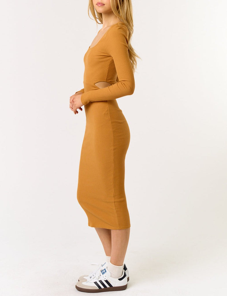 Courtney Cut Out Long Sleeve Ribbed Bodycon Midi Dress (Assorted Colors)