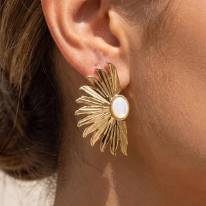 Half Pearl Leaf Earrings in Gold