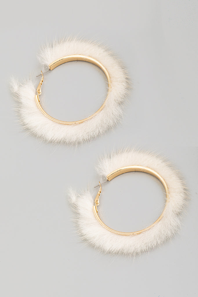 Gold Hoop with White Mink PomPom