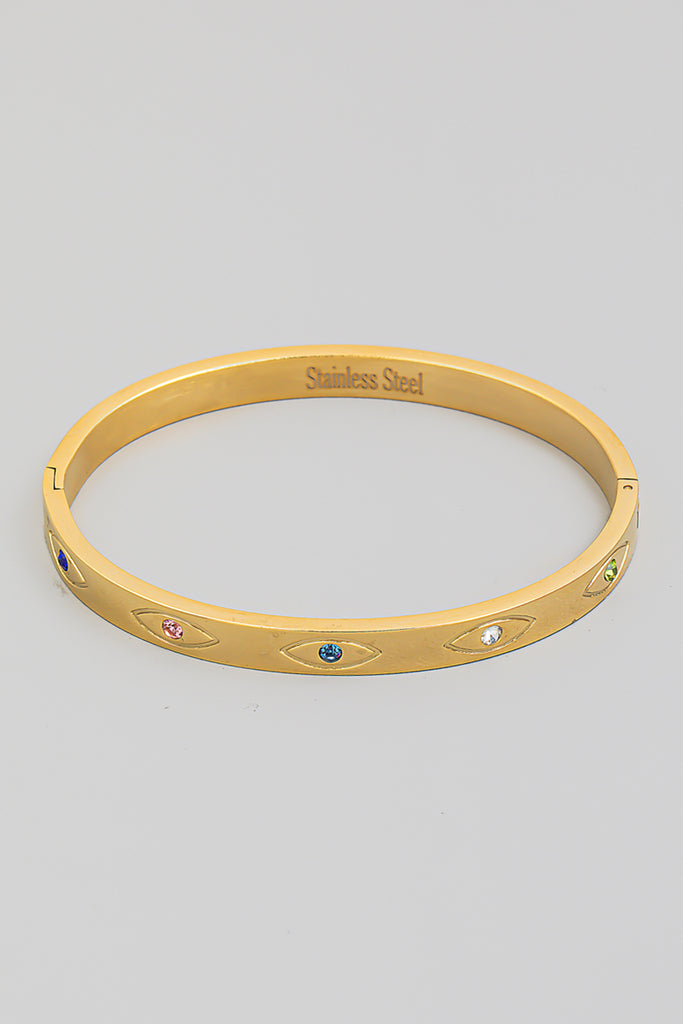 Evil Eye With Jewel Accents Bangle With Clasp Closure In Gold