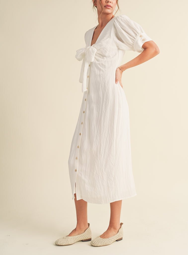 Adriana Button Down V-Neck Dress with Bow detail in White