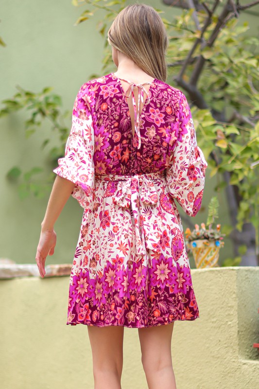 Nina V Neck Floral Printed Dress In Berry/Ivory