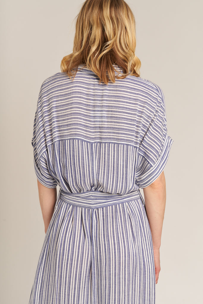 Sailing Free Striped Shirt Dress with Tie Wrap in Blue