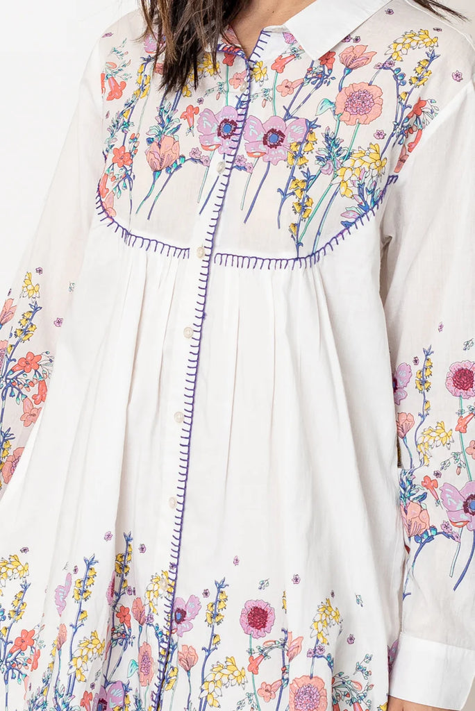 Midsommar Long Sleeve Floral Print Button Down Shirt Dress In Ivory/Multi