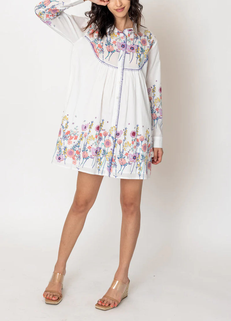 Midsommar Long Sleeve Floral Print Button Down Shirt Dress In Ivory/Multi