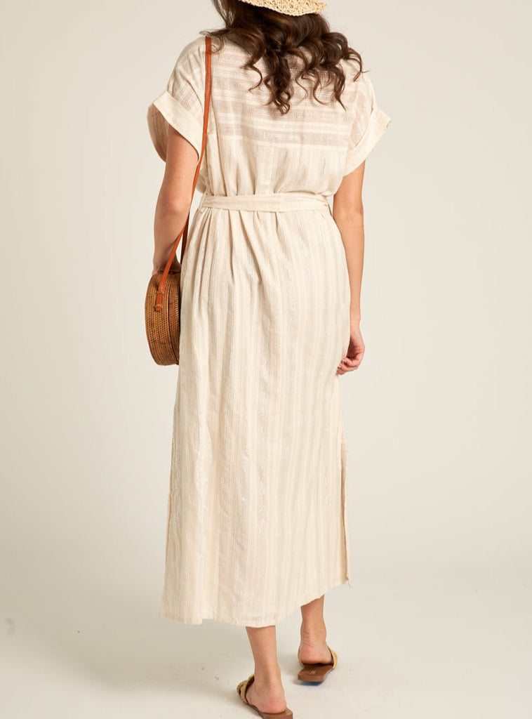 Nicolette Tie Waist Maxi Dress in Cream/Silver