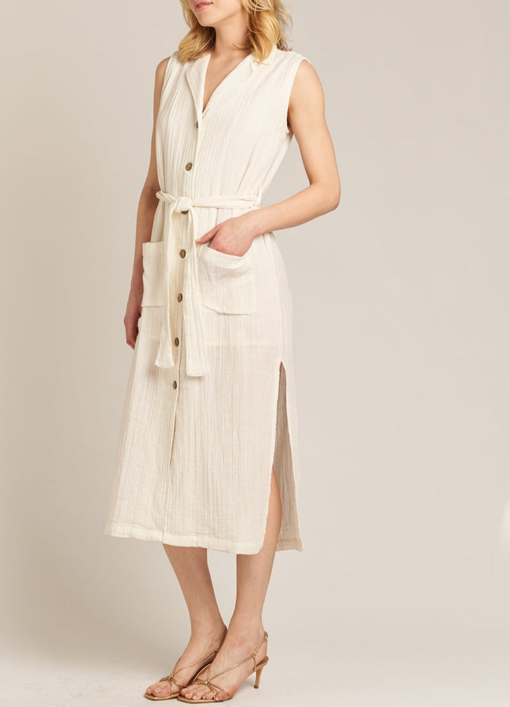 Candace Collared Tie Waist Button Down Dress in Off White