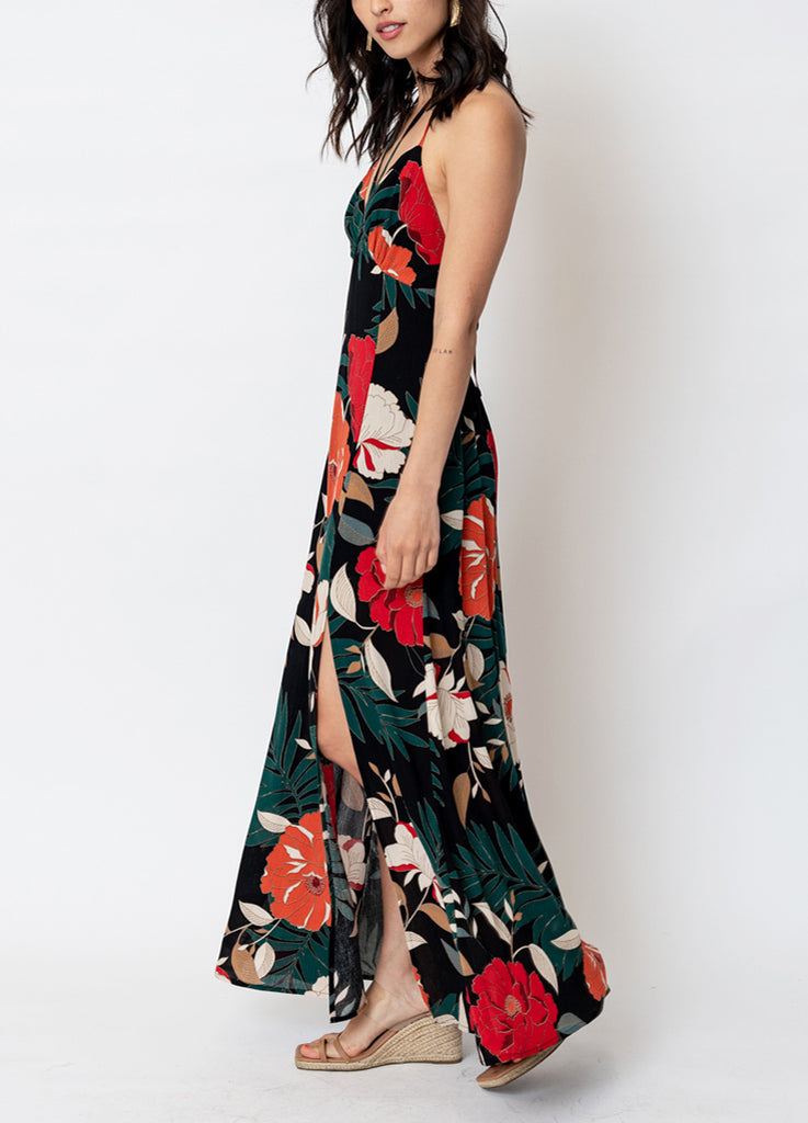 Rita Tropical printed Halter Neck Maxi Dress In Black Red Multi