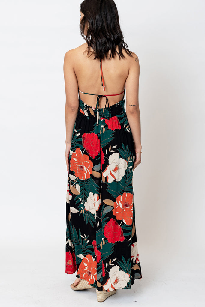 Rita Tropical printed Halter Neck Maxi Dress In Black Red Multi