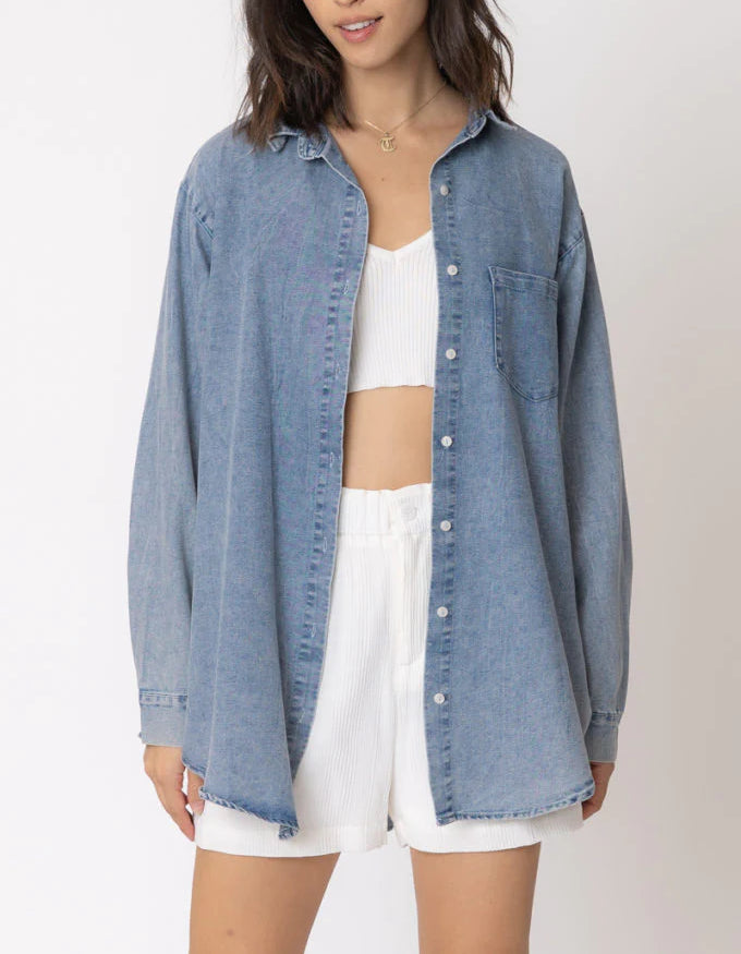 Clear Skies Long Sleeve Denim Button Down Shirt Long Sleeve