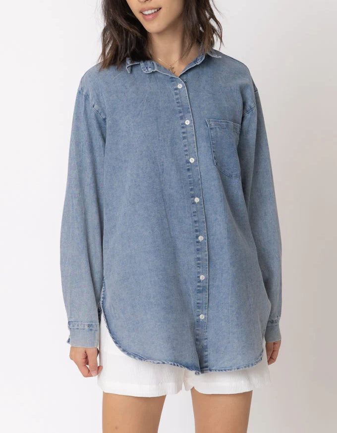 Clear Skies Long Sleeve Denim Button Down Shirt Long Sleeve