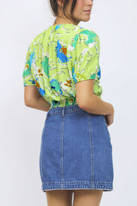 Silas Graphic Floral Printed O Ring Cropped Top In Lime Blue Multi
