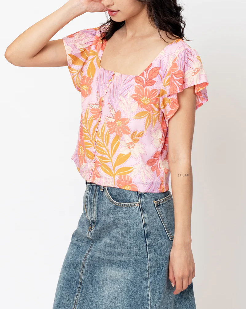 Leila Floral Printed Button Down Square Neck Top In Pink Multi