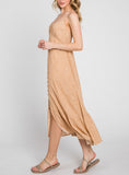 Perfectly Spotted Button Down With Shirring Detailed Midi Dress In Tan