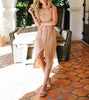 Perfectly Spotted Button Down With Shirring Detailed Midi Dress In Tan