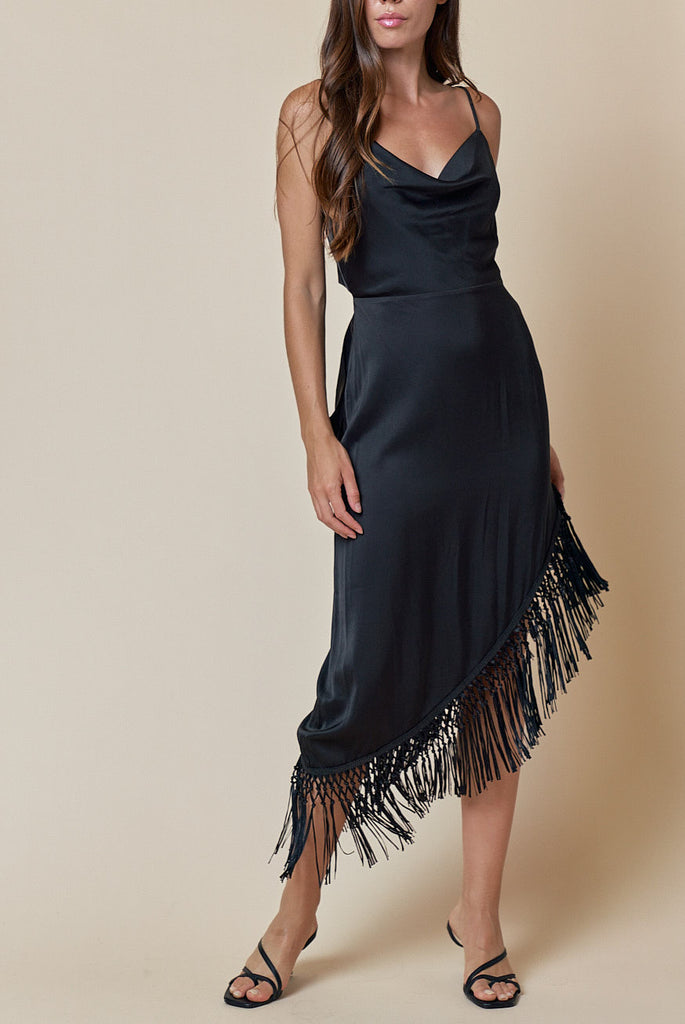 More Fringe Asymmetrical Cowl Neck Dress Black Shop at Goldie s
