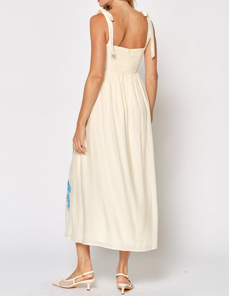 Lotus Bloom Flower Embroidery Strap Self Tie Dress