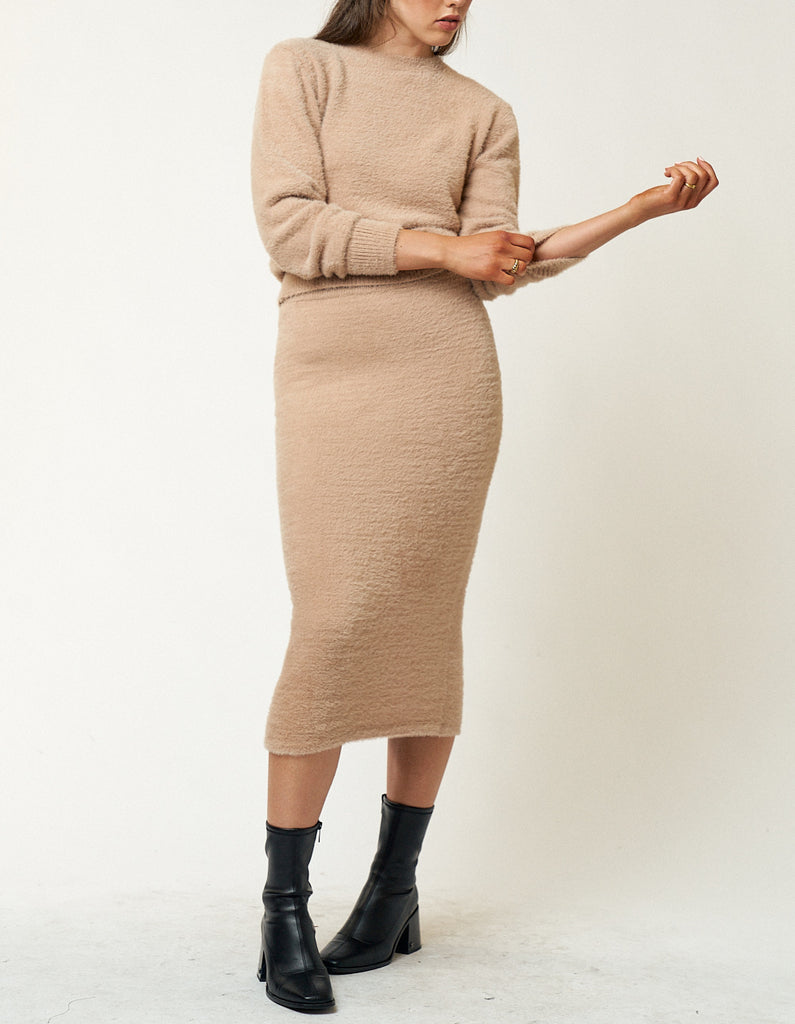 Warm & Fuzzy Set with Crewneck Sweater and Skirt Taupe