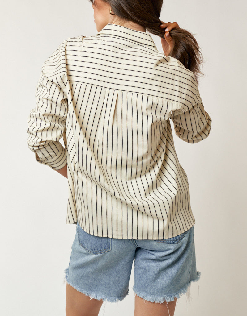 Valerie Long Sleeve Cream & Black Striped Button Up Top
