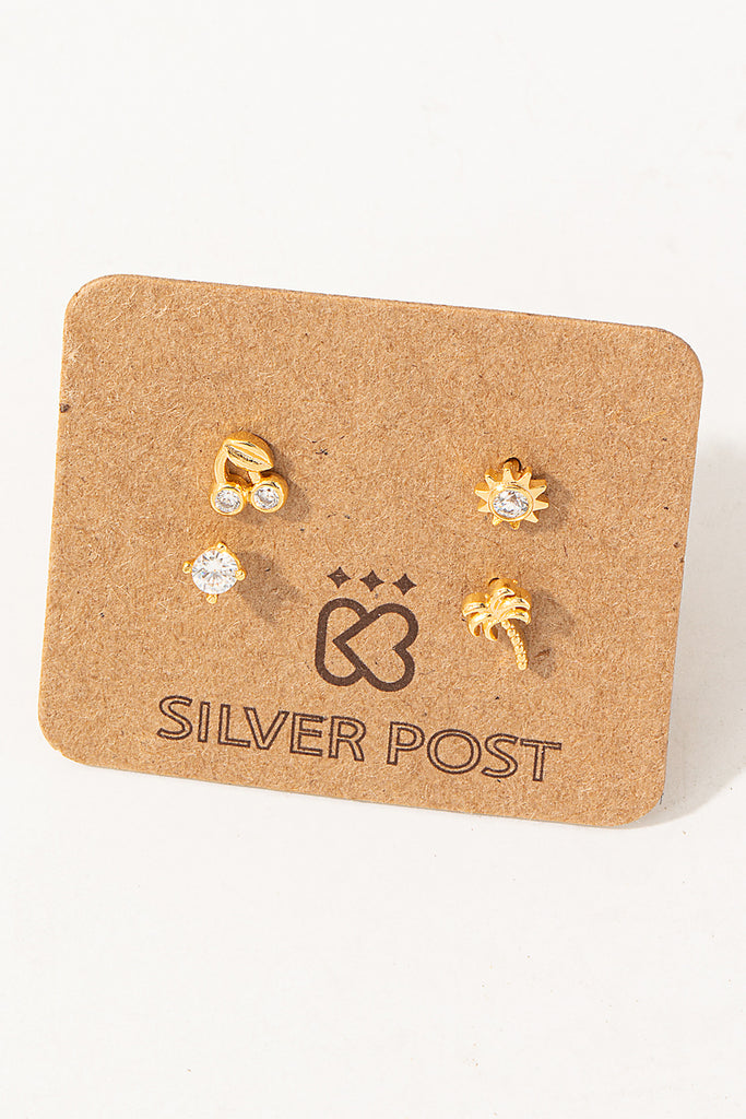 Cherry/Palm Tree Stud Earring Set in Gold