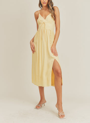 It's Fate Button Detail V Neck Midi Dress In Yellow