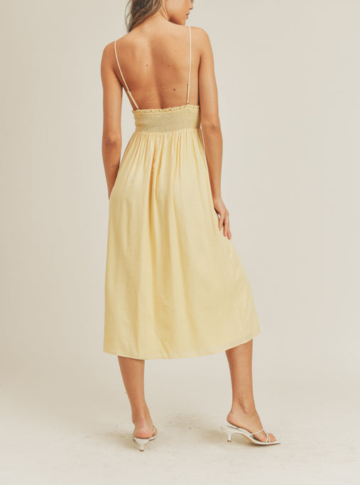 It's Fate Button Detail V Neck Midi Dress In Yellow