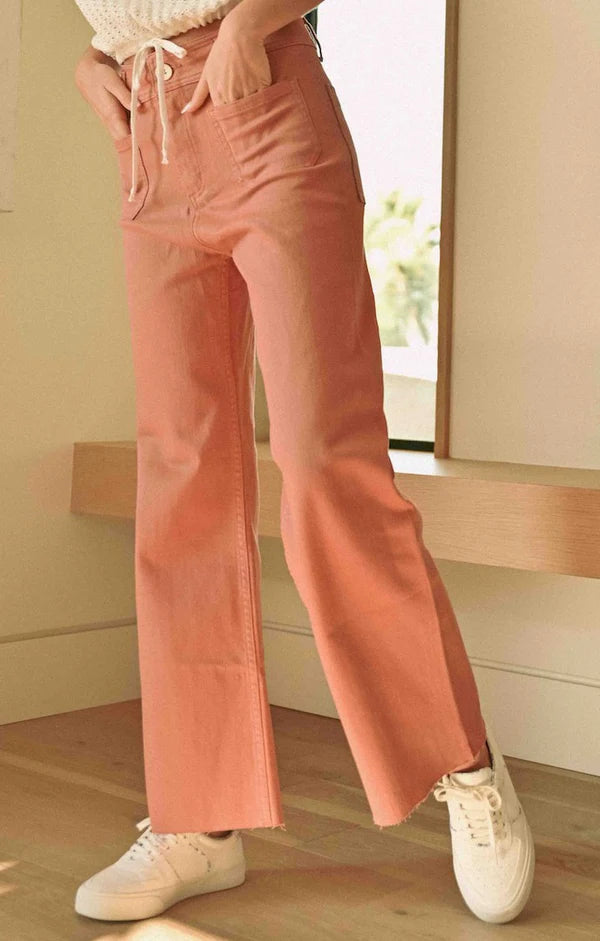See You There Cotton Wide Leg Pocket Detailed Pant In Apricot Orange
