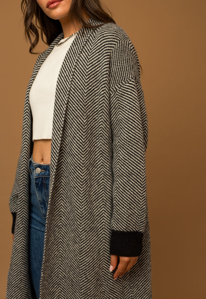 Herring Bone Knit Cardigan in Black and White