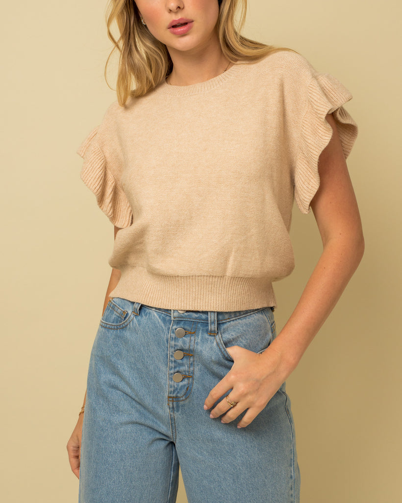 Ruffle Me Ruffle Sleeve Knit Top in Beige