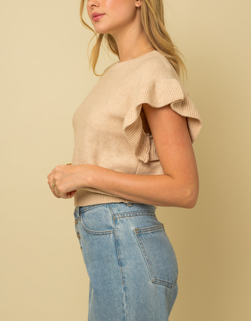 Ruffle Me Ruffle Sleeve Knit Top in Beige
