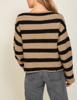 Cozy Camel Boat Neck Striped Sweater