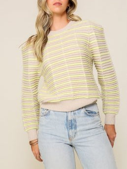 Zesty Stripes Long Sleeve Knit Sweater in Lime/Taupe