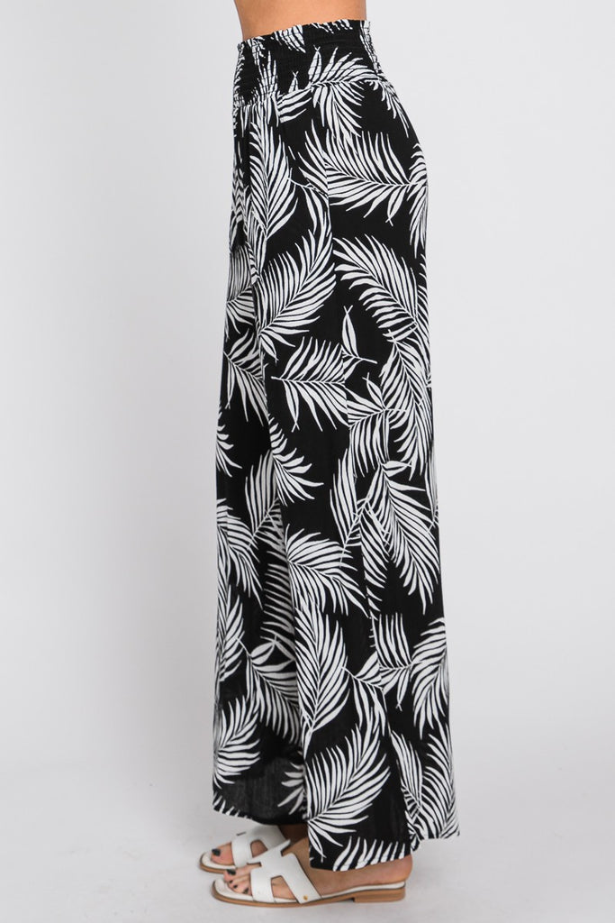 FERN PRINTED WIDE LEG SMOCKED WAIST PANT BLACK