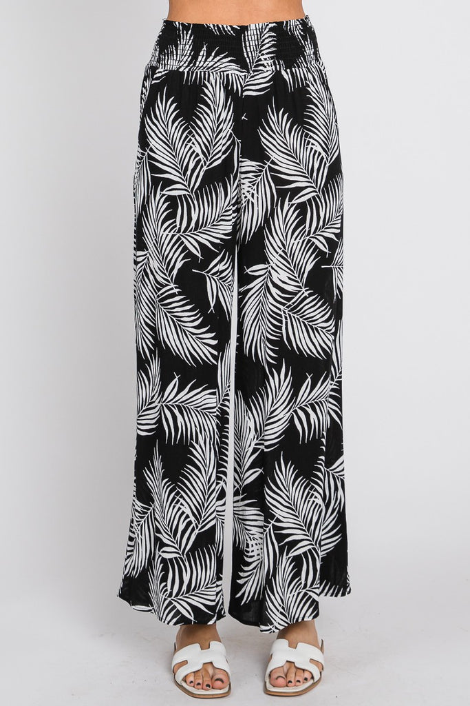 FERN PRINTED WIDE LEG SMOCKED WAIST PANT BLACK
