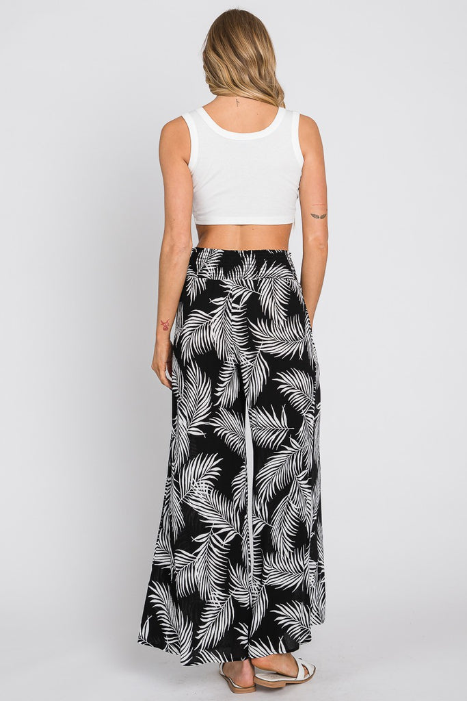 FERN PRINTED WIDE LEG SMOCKED WAIST PANT BLACK