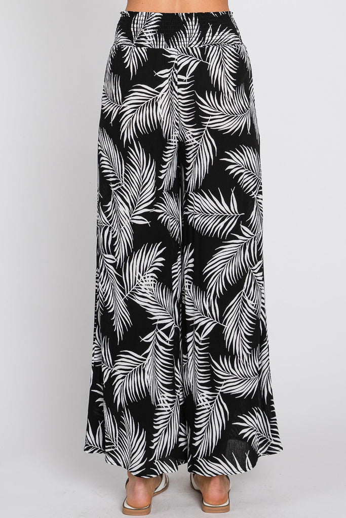 FERN PRINTED WIDE LEG SMOCKED WAIST PANT BLACK
