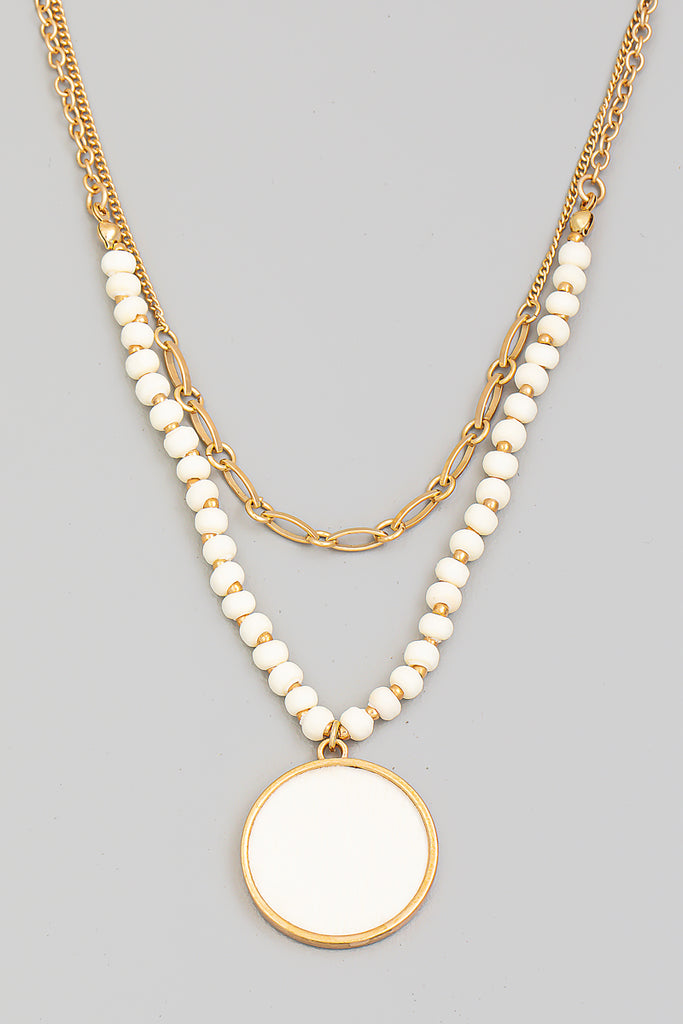 WHITE ROUND DOUBLE LAYER SEED BEAD GOLD NECKLACE